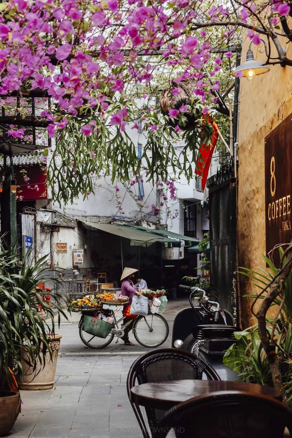 Street scene from a cafe in hanoi with pink bougainvillea in the top of the frame and a woman walking with a bike full of fruit for sale on the street outside