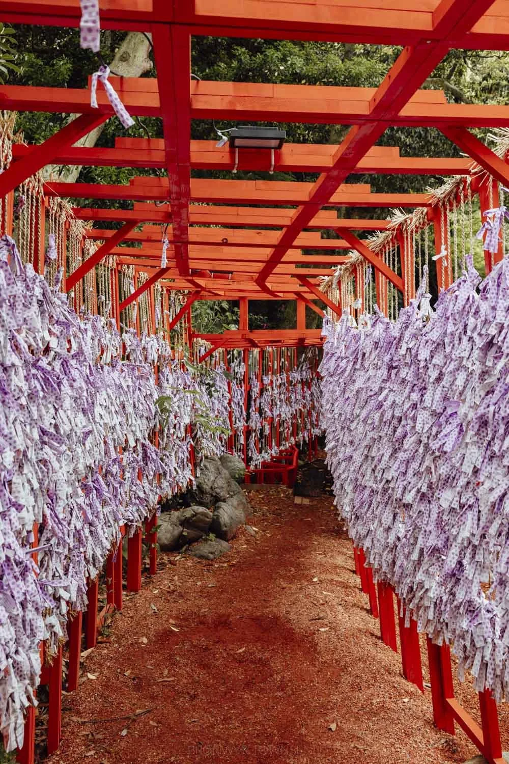thousands of pieces of paper omikuji tied around bright red wooden bannisters at ishiura shrine