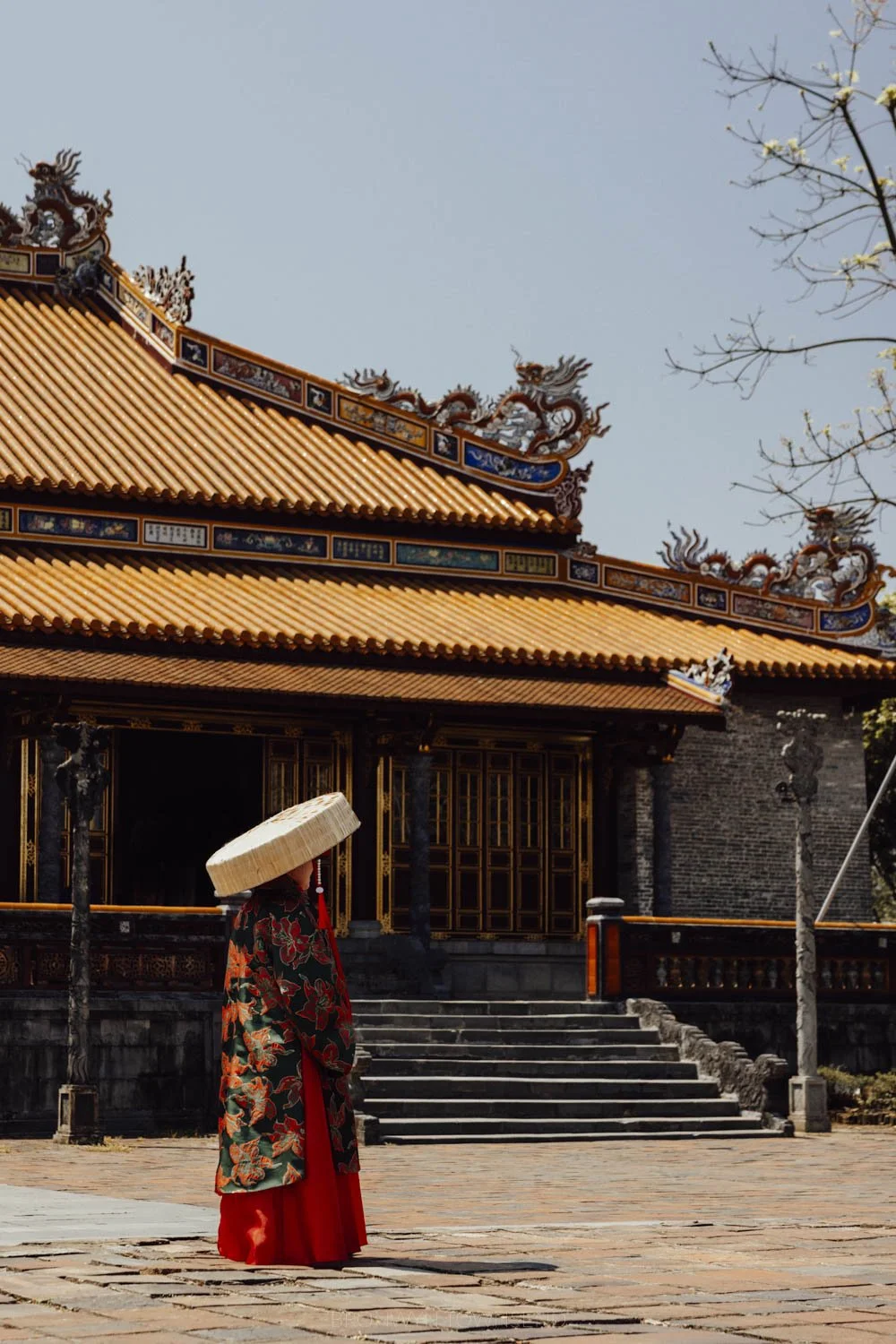 A woman standing in traditional central vietnamese dress in front of a tiled vietnamese building