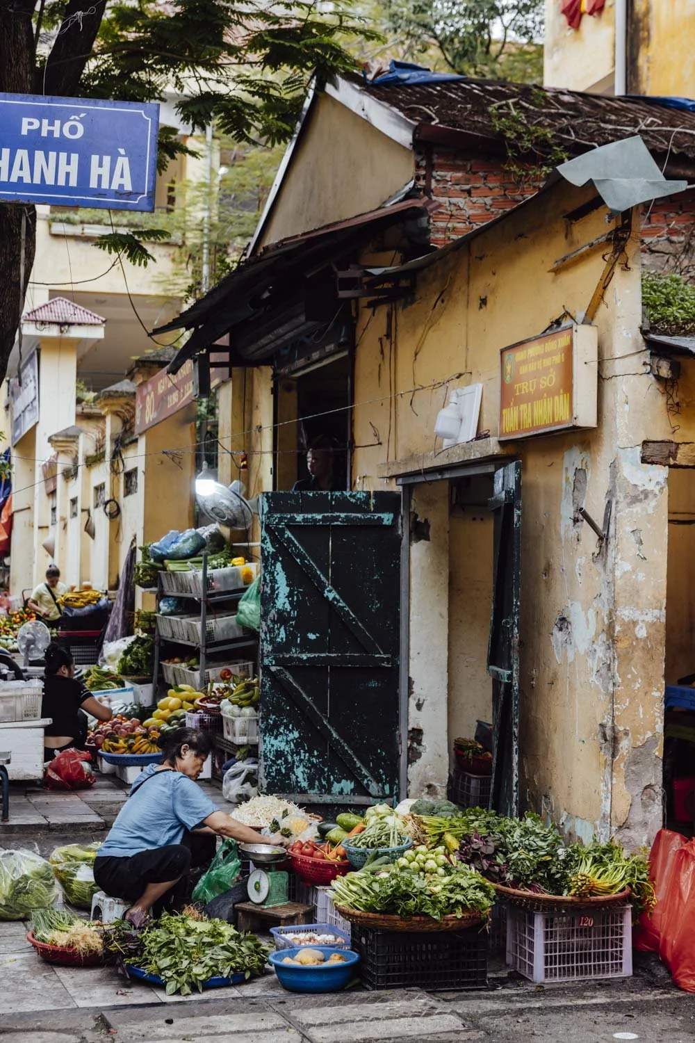 woman in a blue shirt and black pants crouching down, surrounded by large trays of leafy green vegetables in front of a yellow building at street market in hanoi