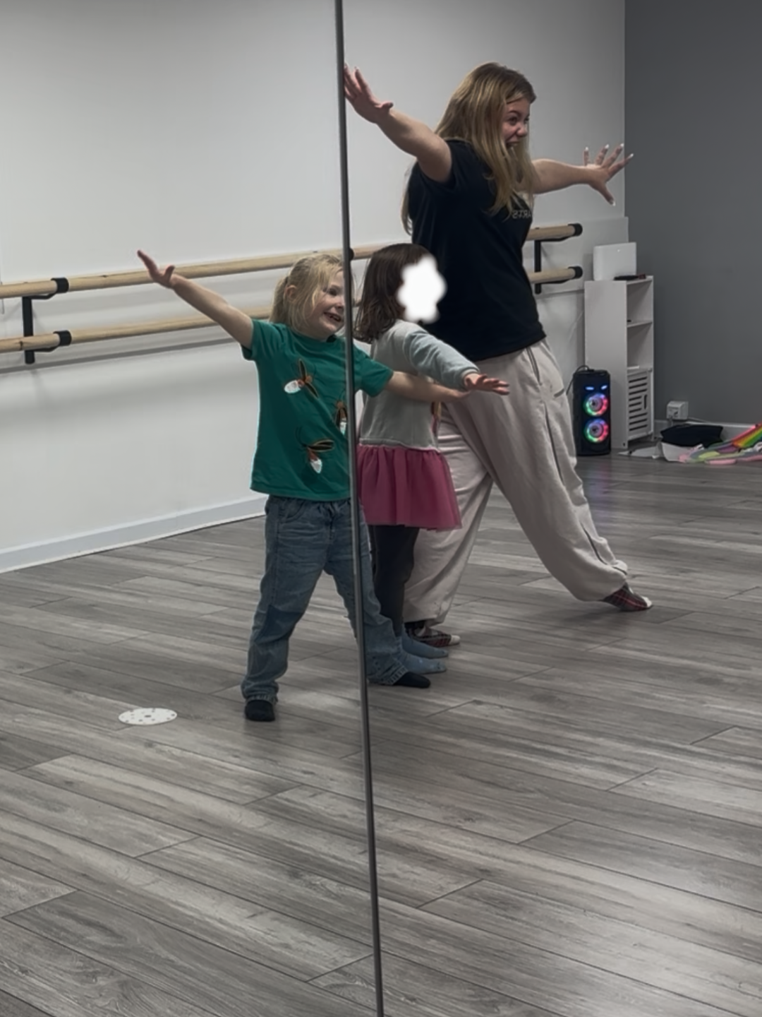 Act One Beginners SEN Drama teacher and students smiling arms to the side confidence building inclusive drama class East Grinstead Surrey