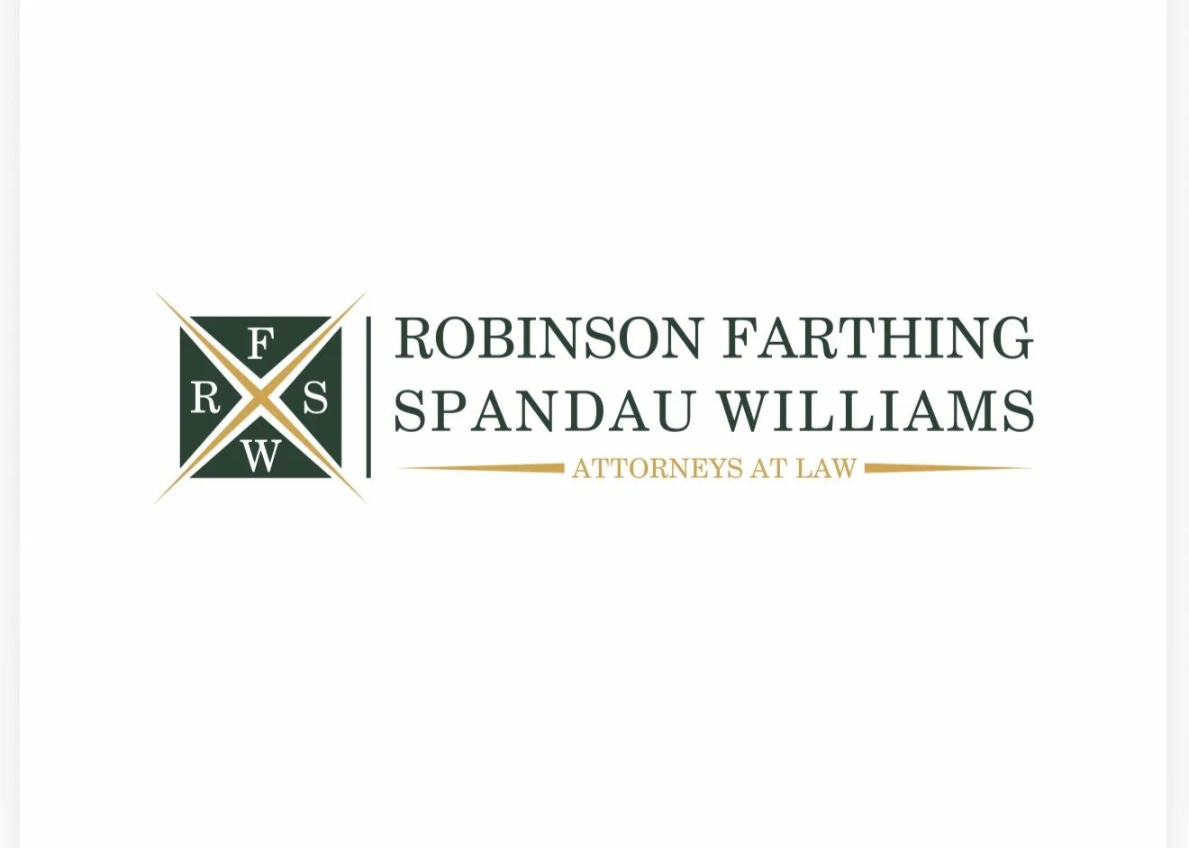 Logo for Robinson Farthing Spandau Williams Attorneys at Law, featuring a green and gold emblem with the initials R F S W.