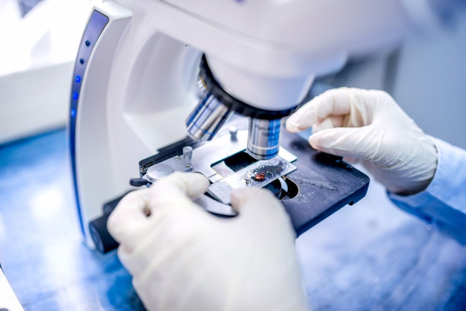 Person wearing gloves examining a sample under a microscope in a laboratory.