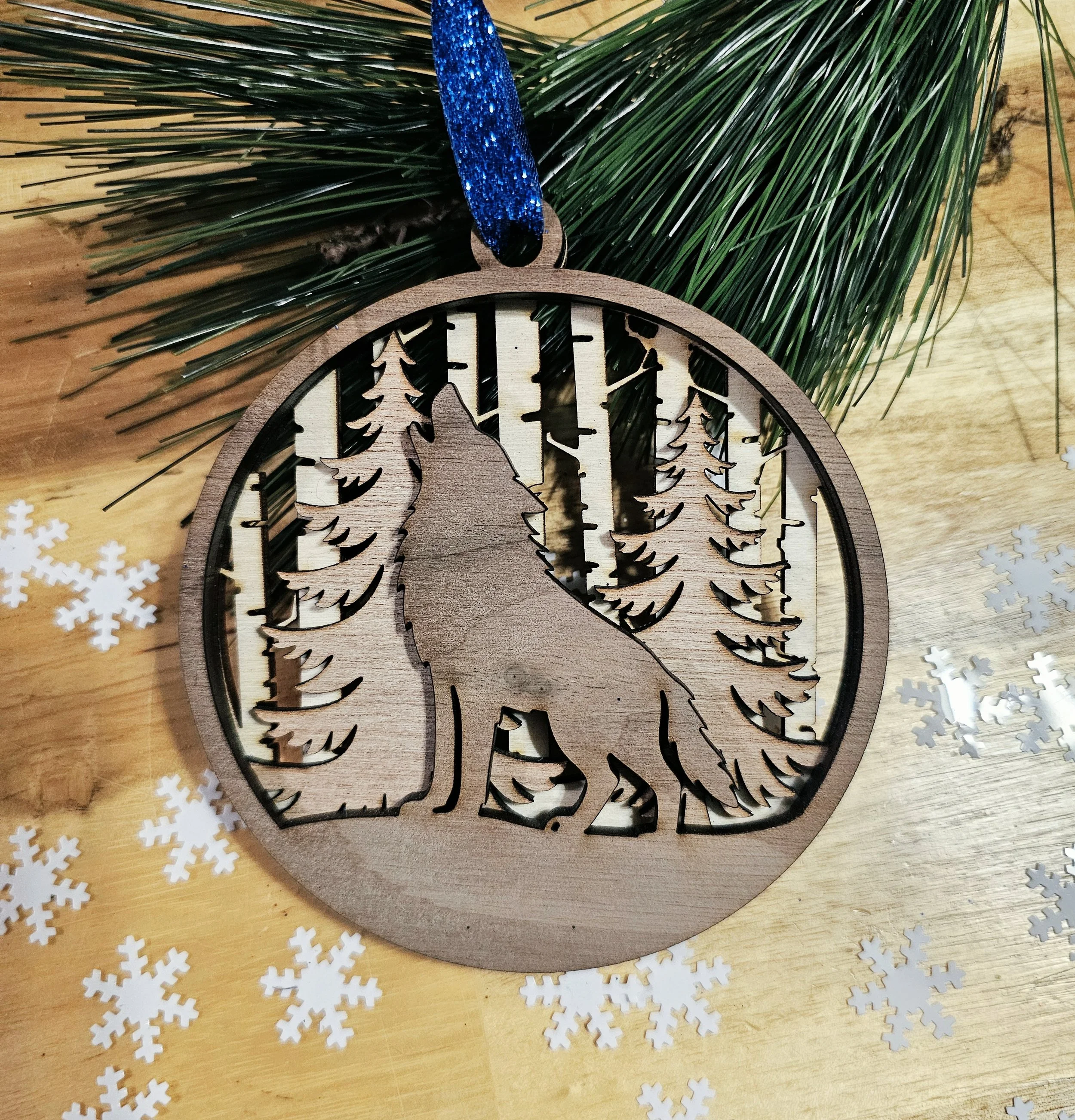 Walnut Wood  Wolf Ornament