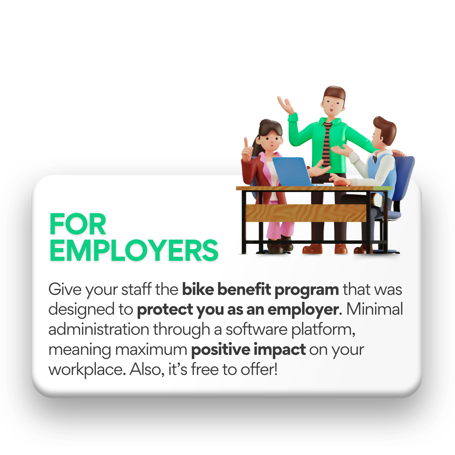 Digital graphic promoting Workride bike benefit programs for employers, showing three animated people engaged in discussion, with one at a laptop, on a white background.