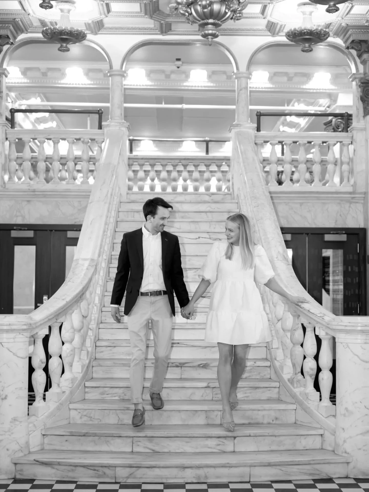 A few black and white photos from Tess + Matt's engagement session at @chicagoathletichotel. 🤍

[Chicago engagement, Chicago wedding photographer, Chicago Athletic Association, Chicago engagement photographer, downtown Chicago engagement session, Ch