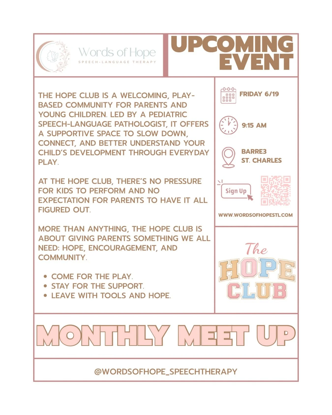 Attention St. Charles Moms:
The Hope Club meets THIS FRIDAY! 

The Hope Club is for all children and the ones who love them. Whether your child is talking up a storm, just starting to use words, or somewhere in between, you&rsquo;ll leave with ideas 