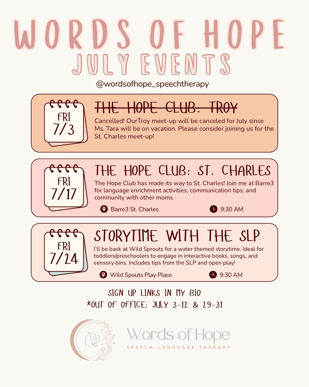 ‼️ Attention moms throughout St.Charles County ‼️ 

Save the dates for some upcoming events with @wordsofhope_speechtherapy !

Important notes:
&bull;July will be a little quieter since I&rsquo;ll be on vacation 🏝️
&bull; That also means there will 