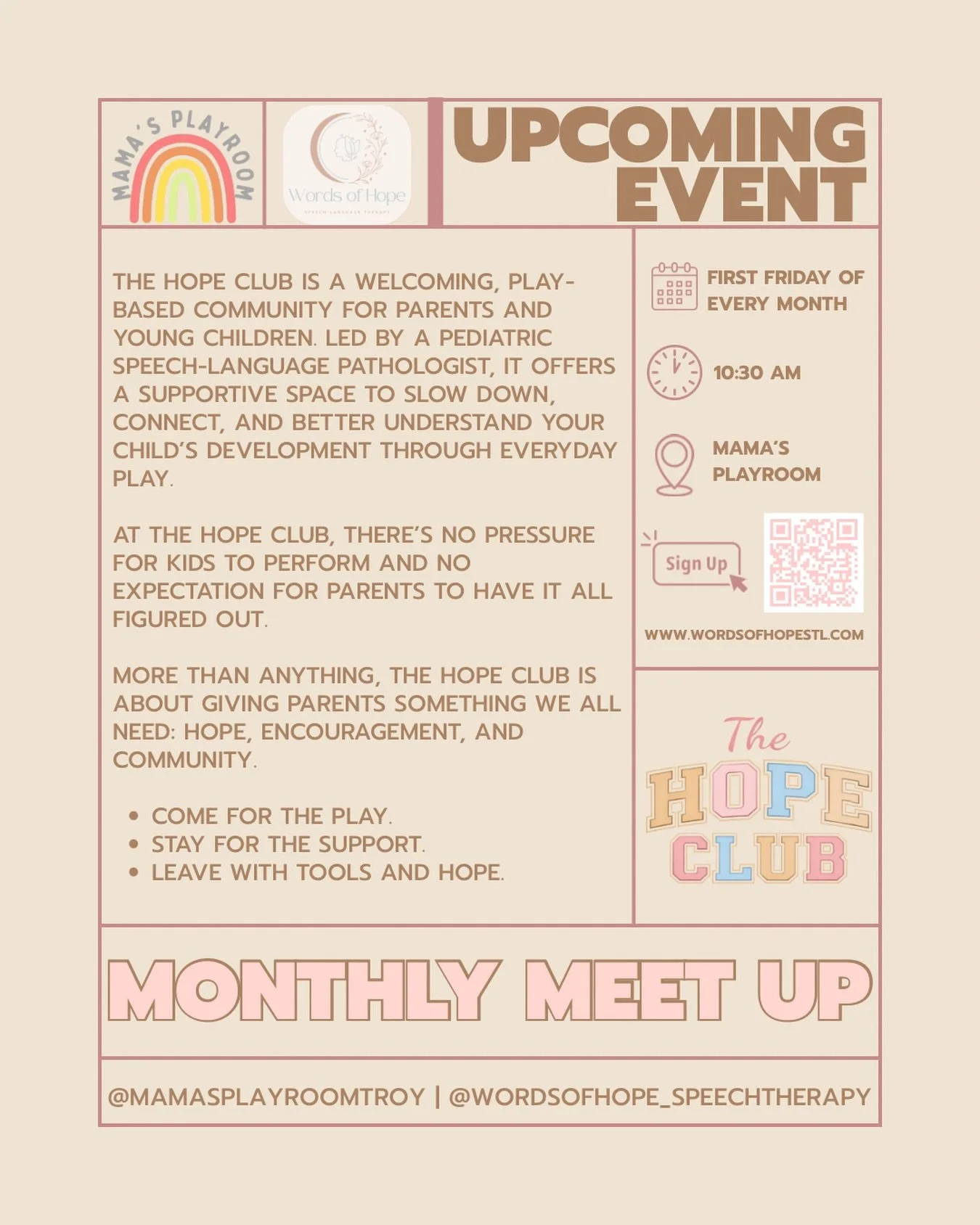 Don&rsquo;t forget The Hope Club meets TOMORROW! 

The Hope Club is for:
&bull;reassurance that you&rsquo;re doing enough
&bull;community and friendship with other moms
&bull;clarity from an SLP mom about all the doubts 

All that and so much more! I