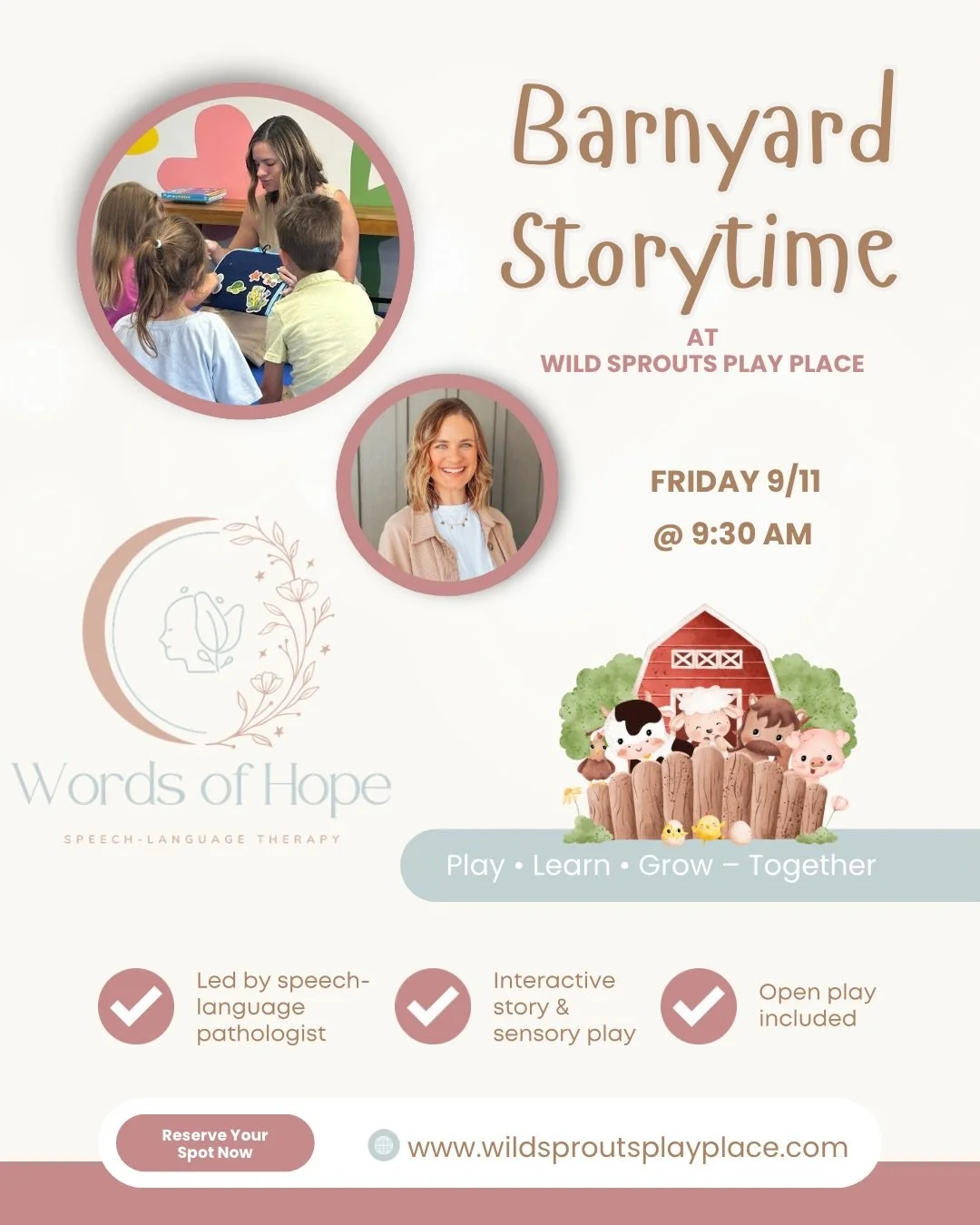 Barnyard Storytime is this Friday! 

Come join me at @wildsproutsplayplace for farm-themed books, songs, and sensory bins 🐷🐴🐓🚜

The sign up link is in my bio. I would love to see you there!