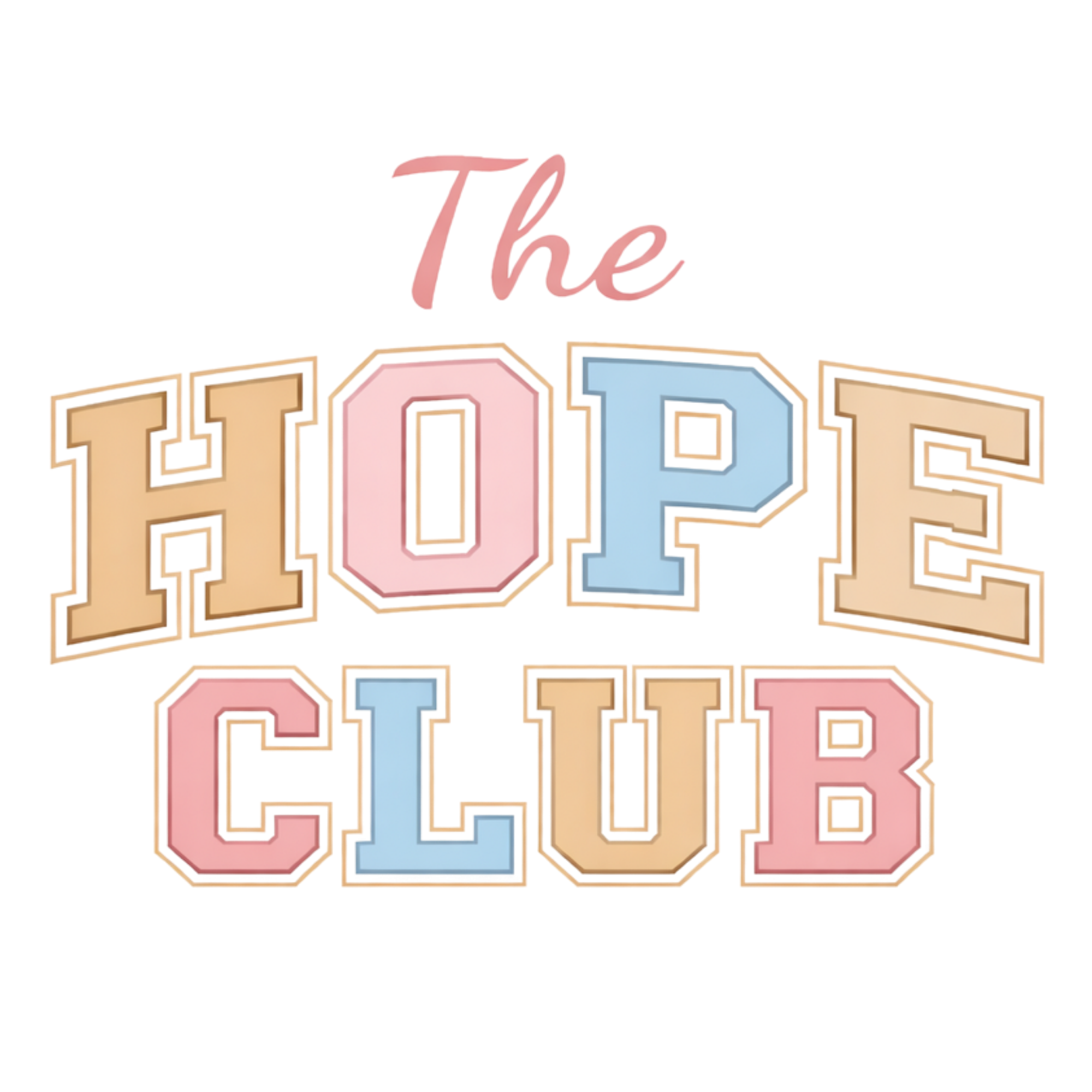 Colorful logo with block letters for The Hope Club, a welcoming, play-based community for parents and young children in Troy and St. Charles, MO.