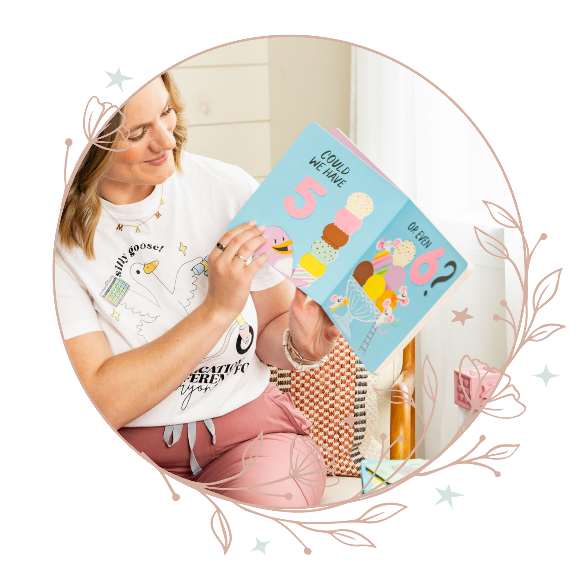 A speech therapist with brown hair reading a children’s book about ice cream while sitting on the floor during language therapy for kids in St. Charles, MO