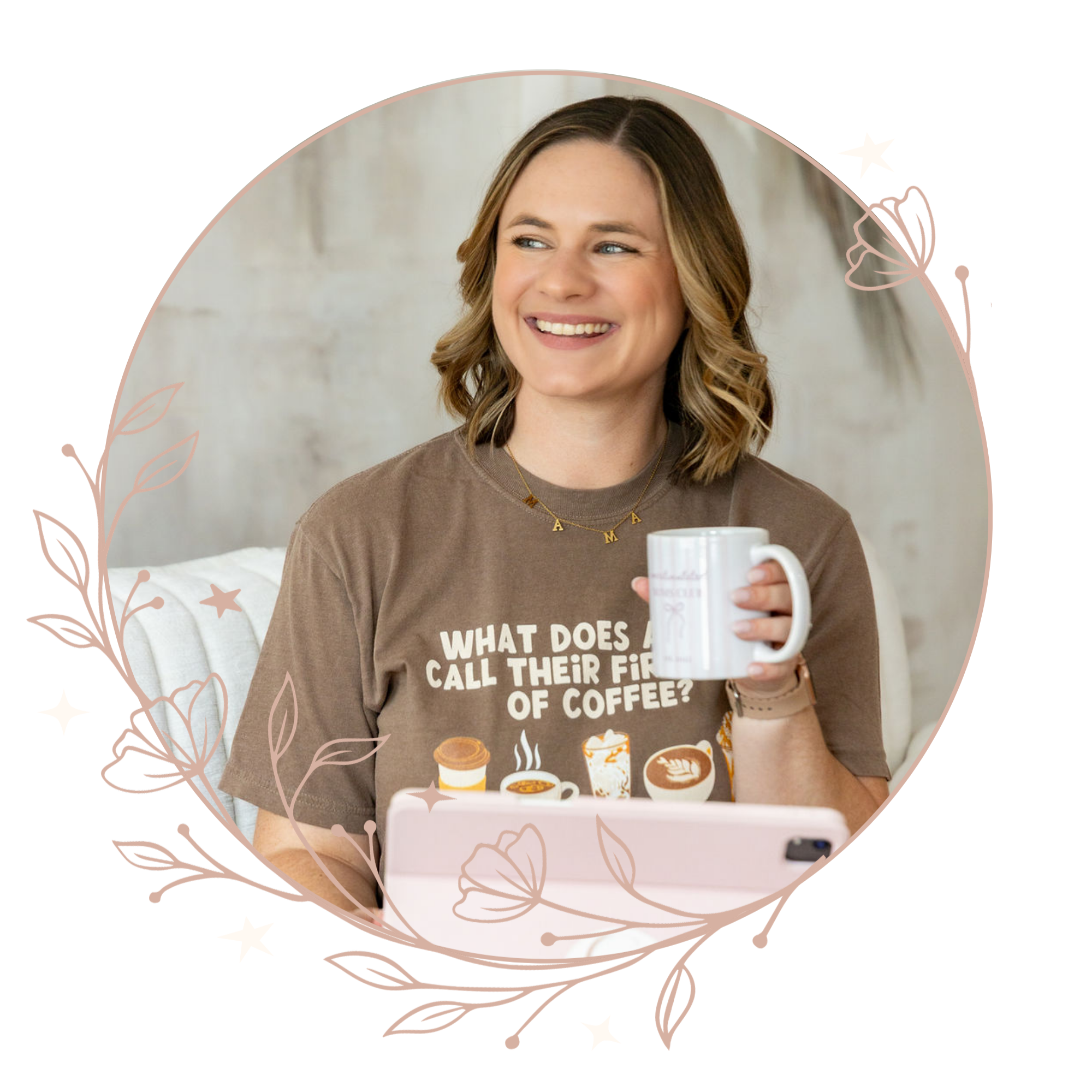 A speech therapist with shoulder-length brown hair and a tan shirt smiling while holding a white mug, sitting at a table with a tablet in front of her in St. Charles, MO