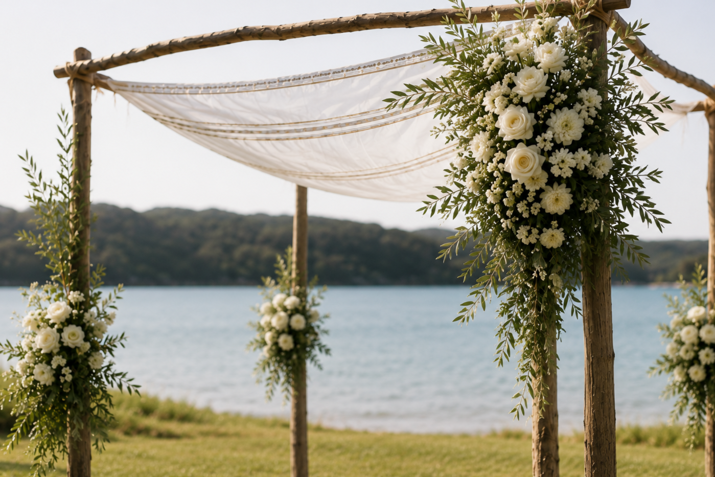 wedding marquee with floral arrangement by water