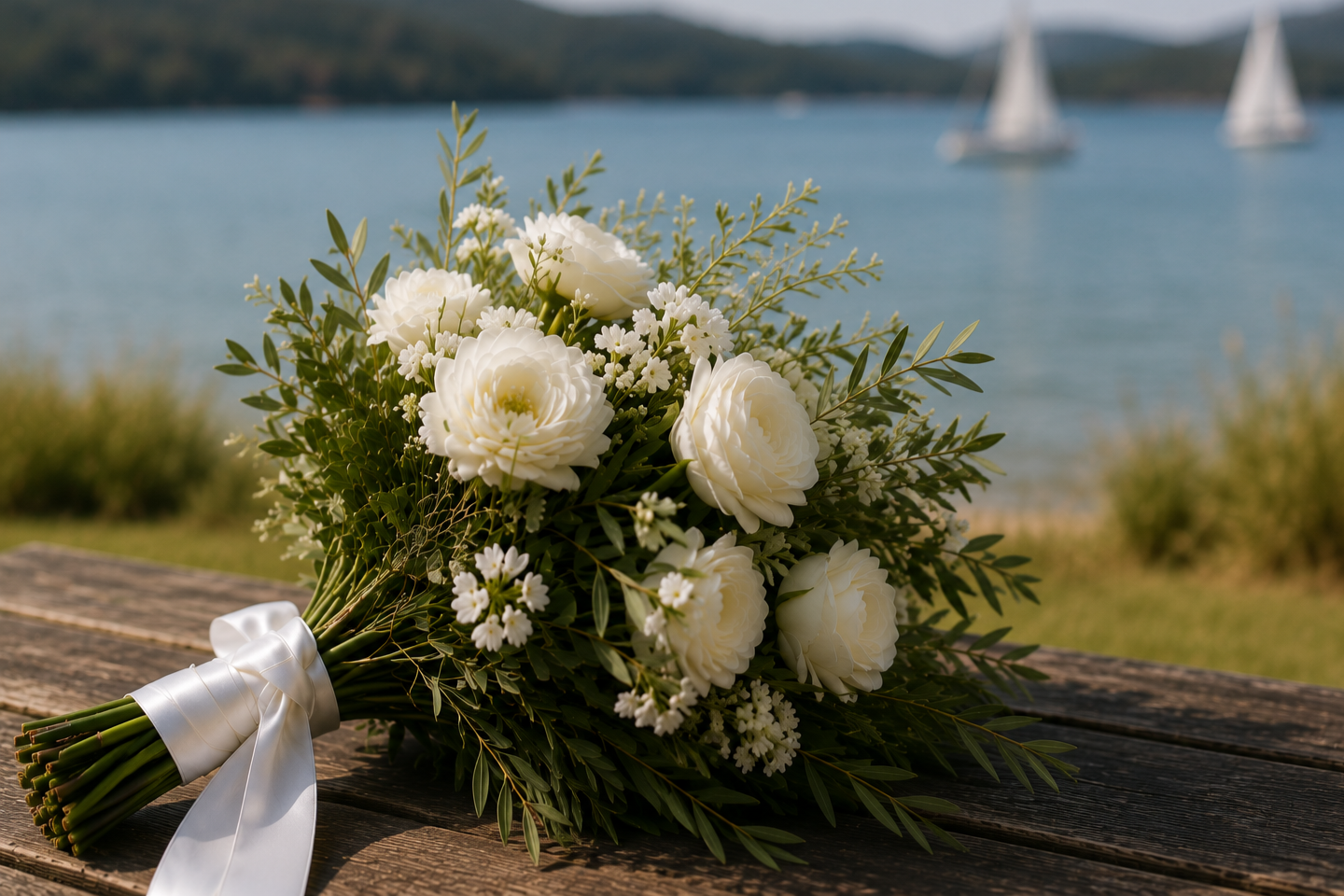 wedding bouquet by the water