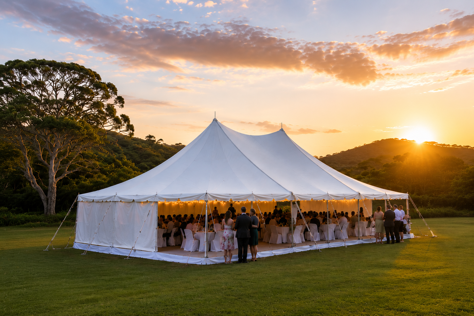 wedding marquee at sunset