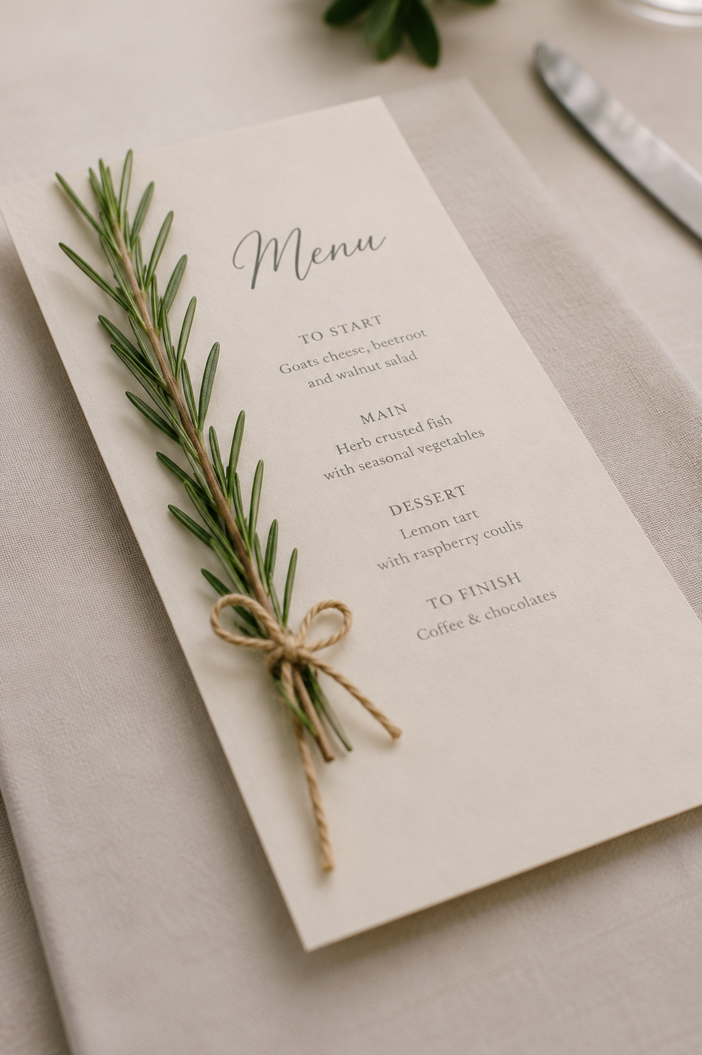 wedding menu with sprig of rosemary
