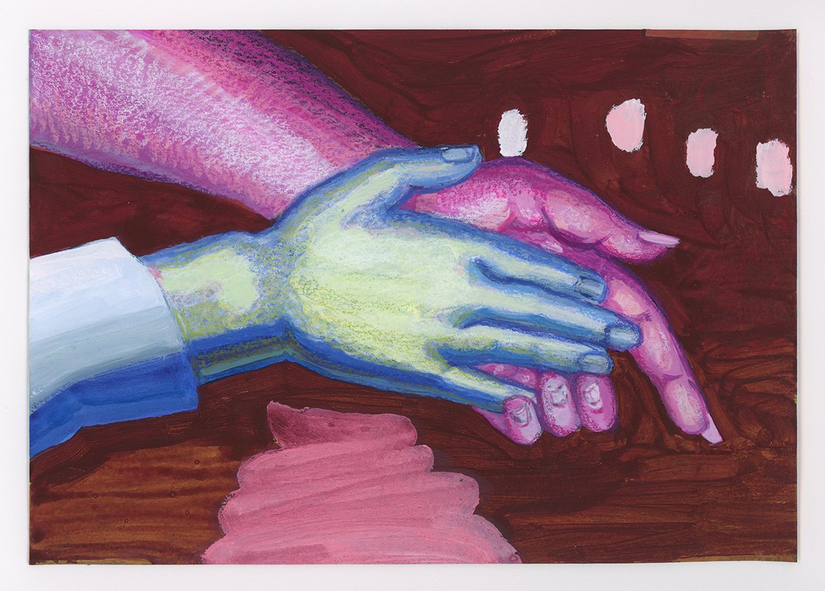   Leading Hand (Pink + Blue)  7 in x 10 in Flashe and colored pencil on paper 2022 