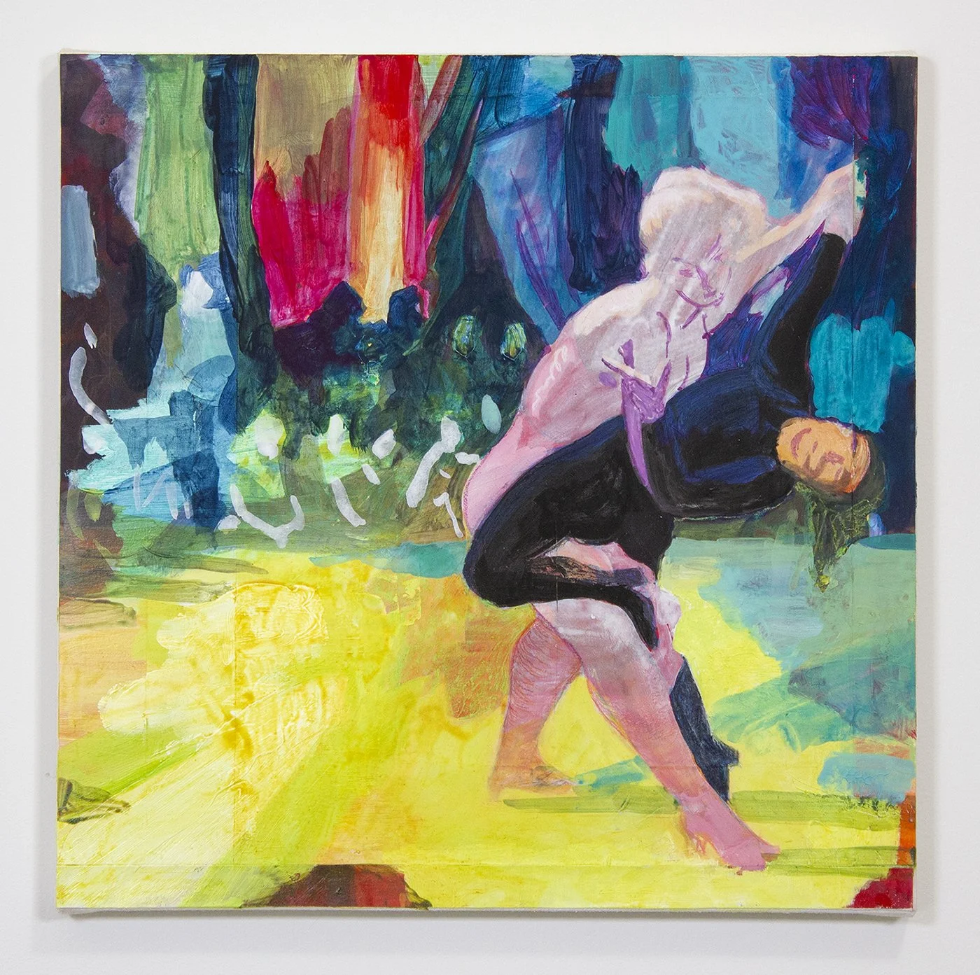   Women Dancing  14 in x 14 in Flashe, acrylic, crayon, pastel, colored pencil, toner, and paper on canvas 2025 