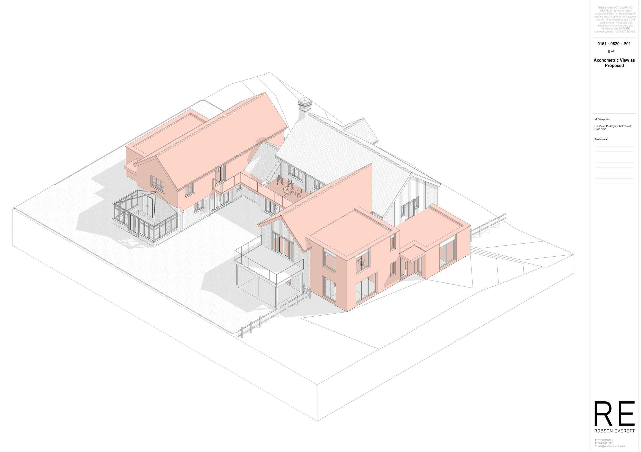 Architectural axonometric drawing of a house with multiple sections, decks, pitched roofs, and a chimney, showing different levels and outdoor spaces.