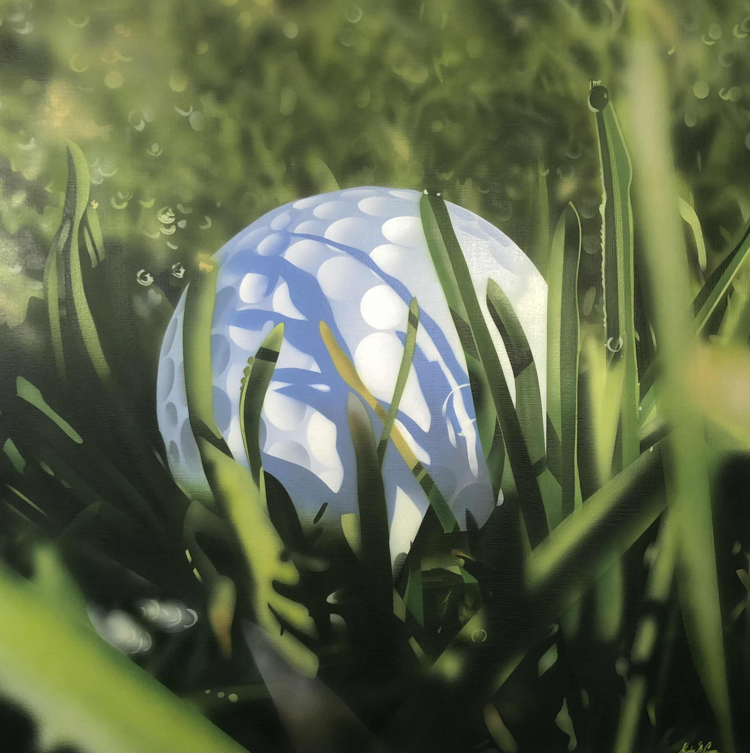 “Hiding Golf Ball” Acrylic on canvas 30”X 30”
(2019)