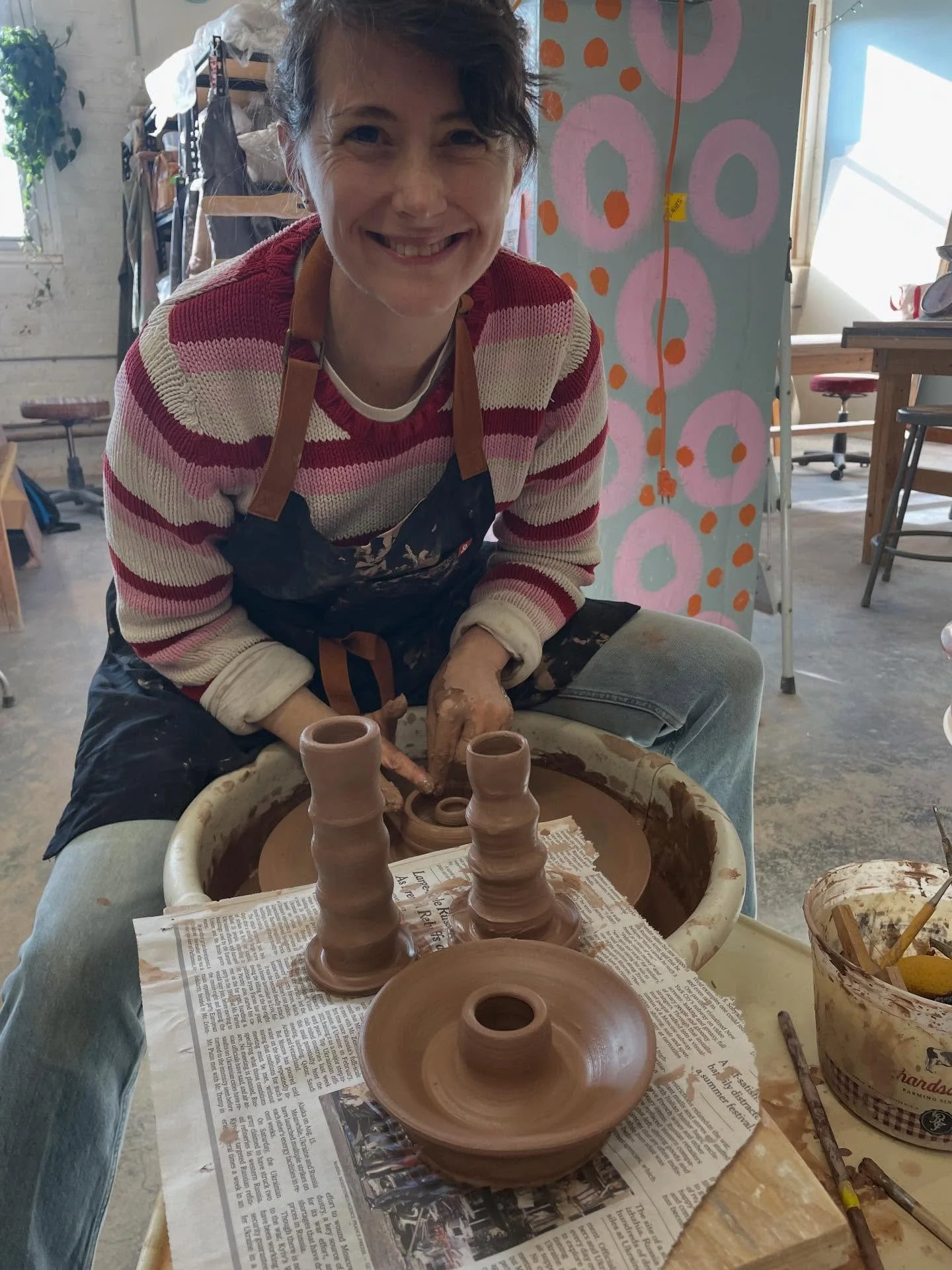 Kristina Kelly having lots of fun doing candle holders today @theclayschool with Erica @barnmothstudio
