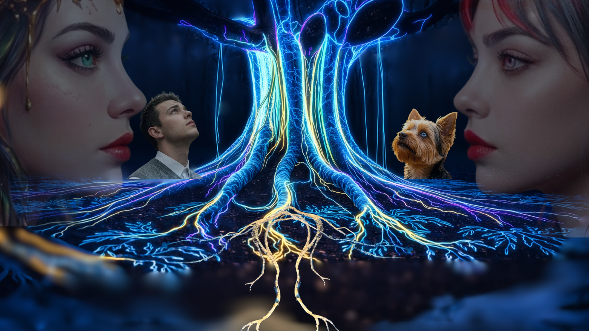A surreal digital artwork depicting two large human faces, a woman with blue eyes on the left and a woman with pink eyes on the right, facing each other. Between them, there is a vivid display of glowing neural networks and electrical signals in blue, yellow, and purple colors, extending from a brain-like structure at the bottom towards the center, creating a symmetrical pattern of interconnected neurons.