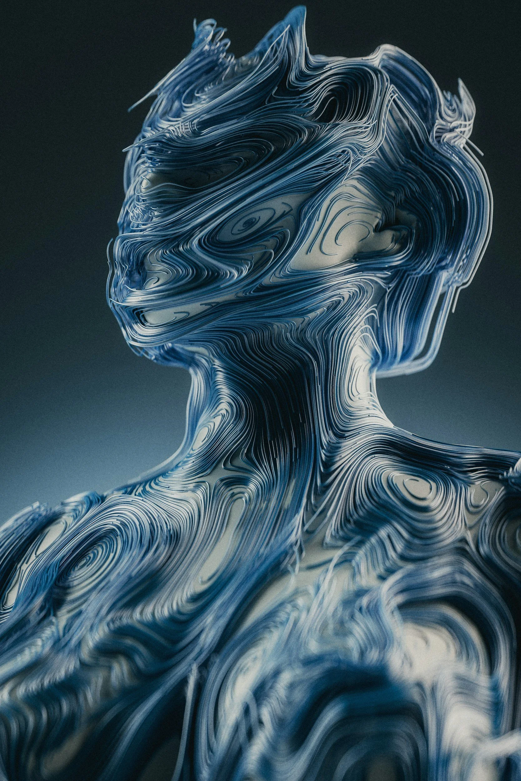 Abstract digital artwork featuring swirling, layered lines in various shades of blue and white, creating a profile of a human face and upper body against a dark background.