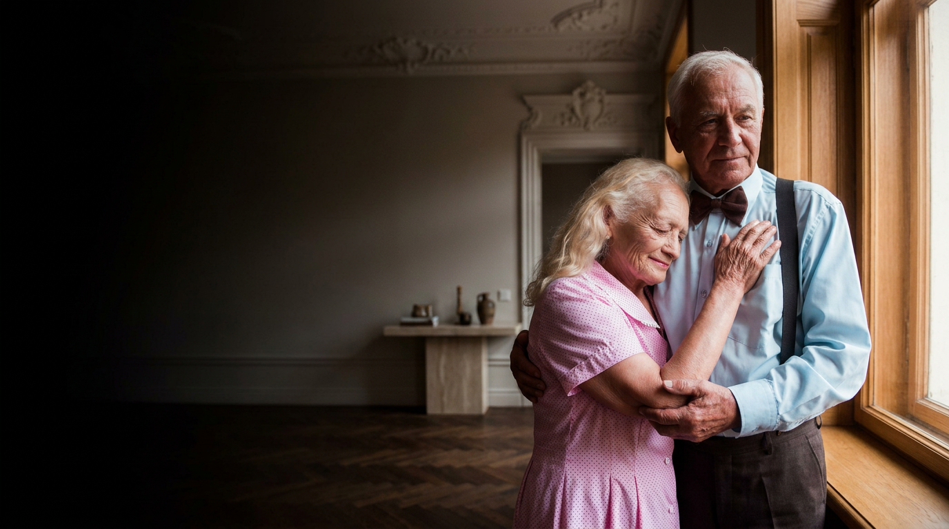An elderly couple dancing happily in a warmly lit room near a large window, embracing each other.
