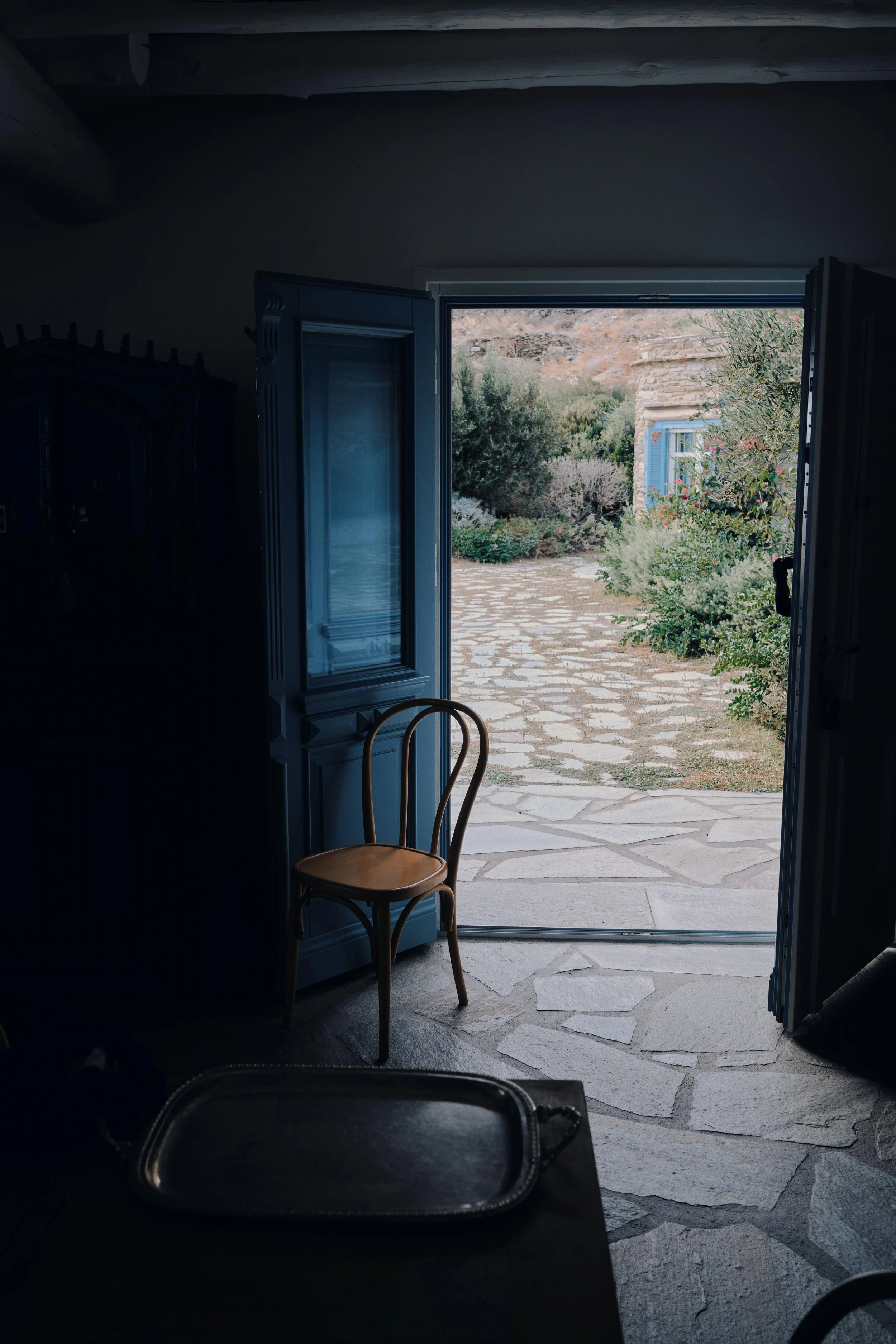 Interior view of a room with an open blue door leading outside to a stone-paved garden with bushes and a small blue house visible in the background.