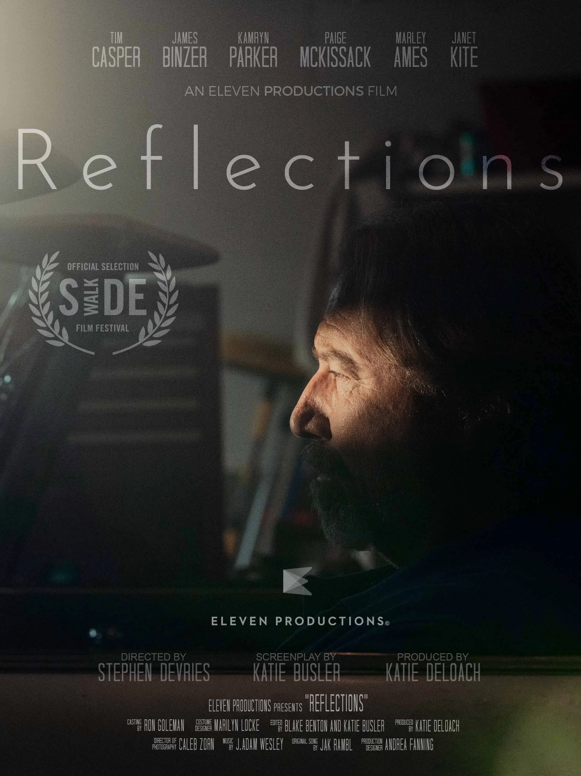 Movie poster for 'Reflections' featuring a side profile of a woman with dark hair. Credits for the film's cast and crew are visible, including director Stephen Devries, screenplay by Katie Busler, produced by Katie Deloach, and music by J. Adam Wesle