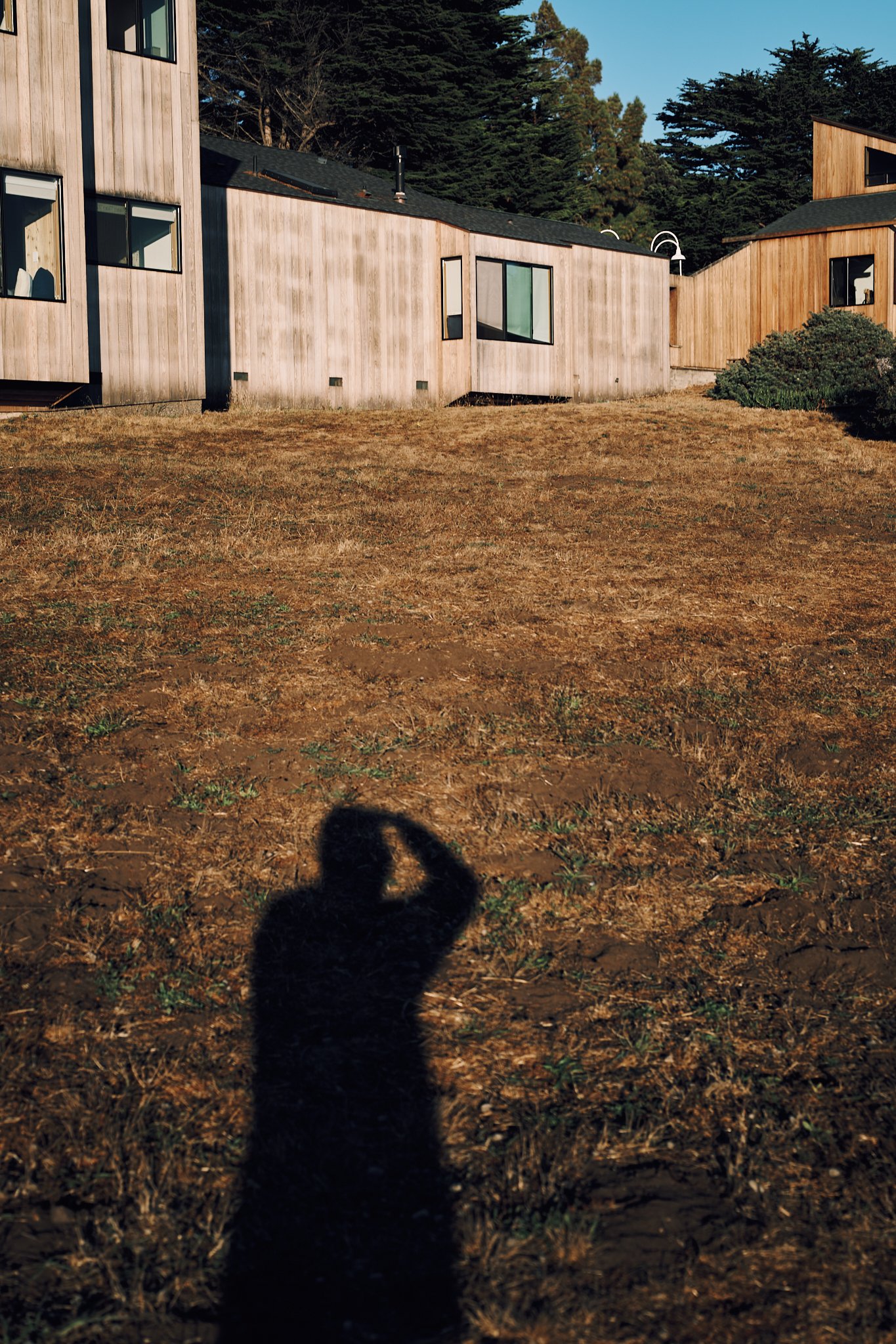Shadow of a person taking a photo, cast on a dry grassy area in front of modern wooden houses with large windows, trees in the background, during sunset.