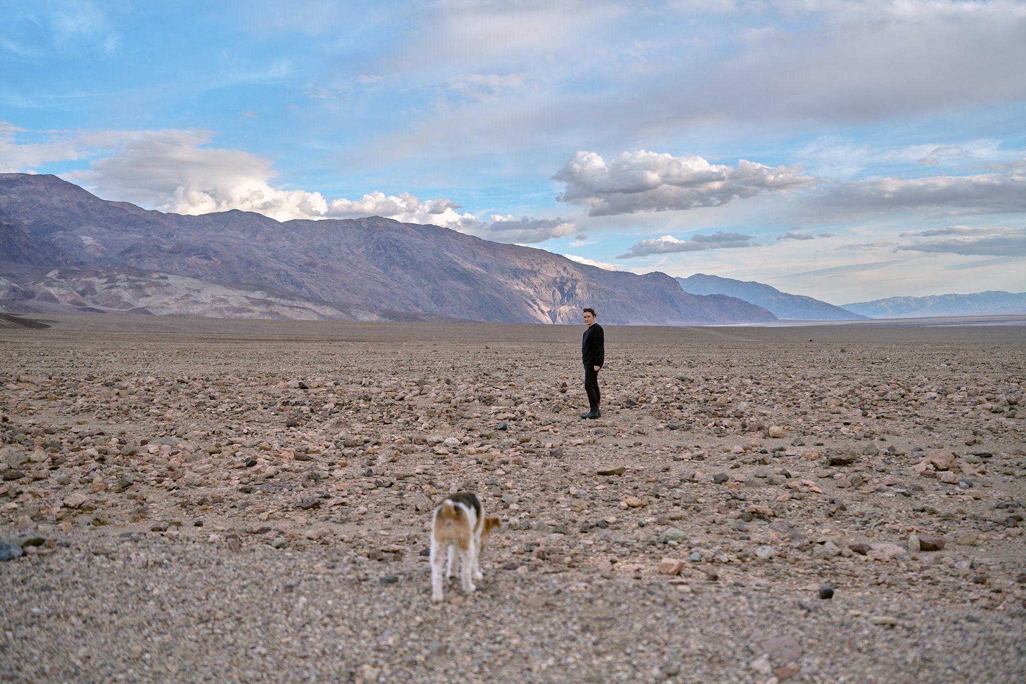 A man standing on a barren, rocky landscape with mountains in the background and a cloudy sky overhead, with a dog in the foreground.