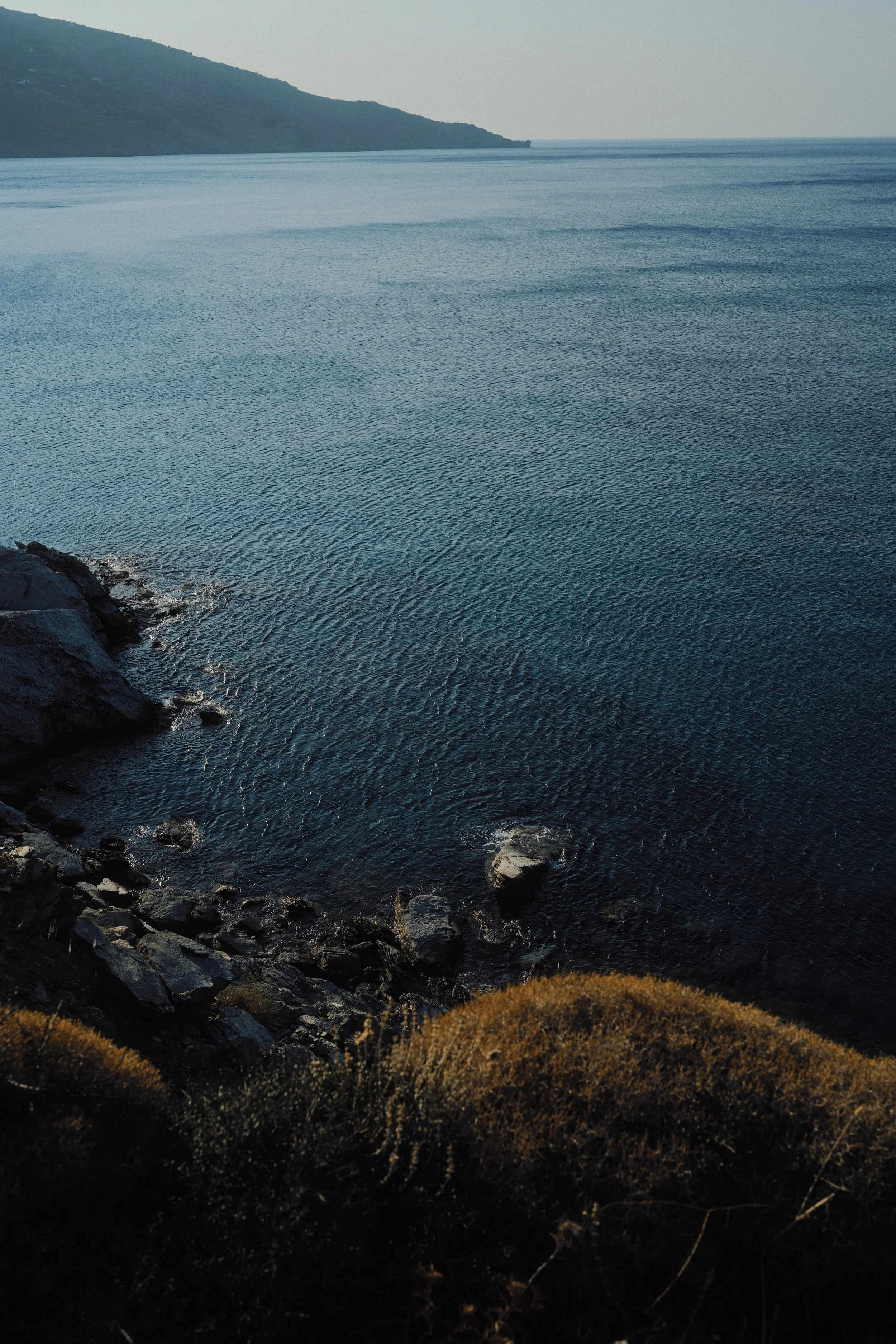 View of a rocky coastline with dark blue water, distant hills, and sparse vegetation in the foreground.