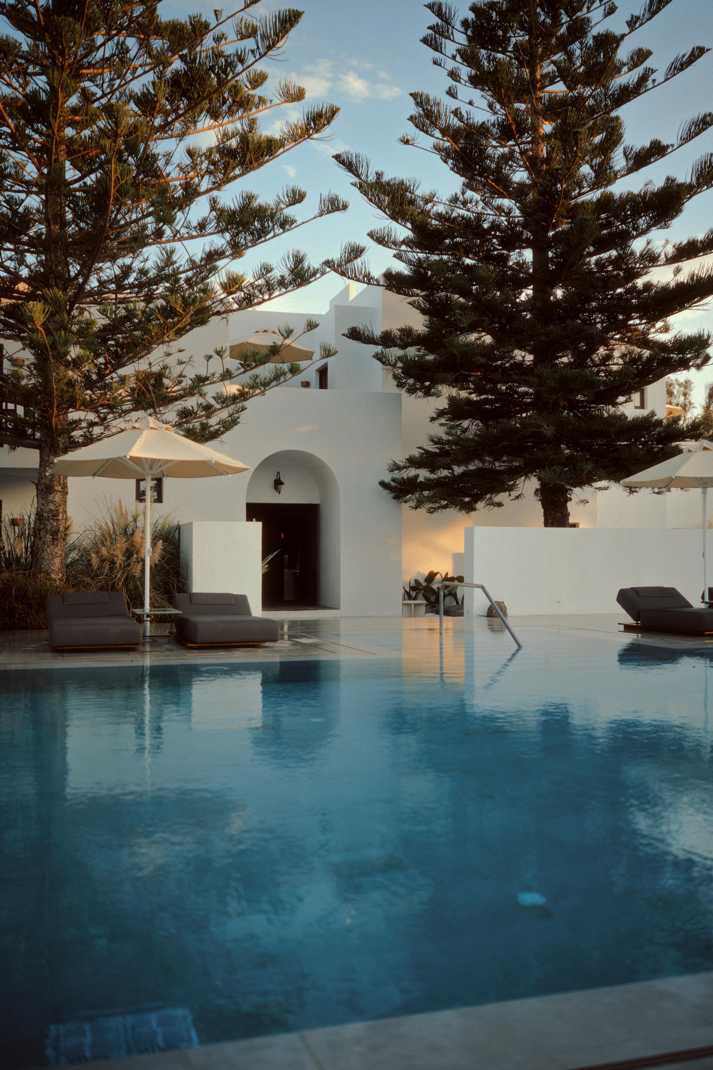 A serene outdoor swimming pool area with black lounge chairs and umbrellas, surrounded by tall pine trees and a white modern building in the background during sunset.