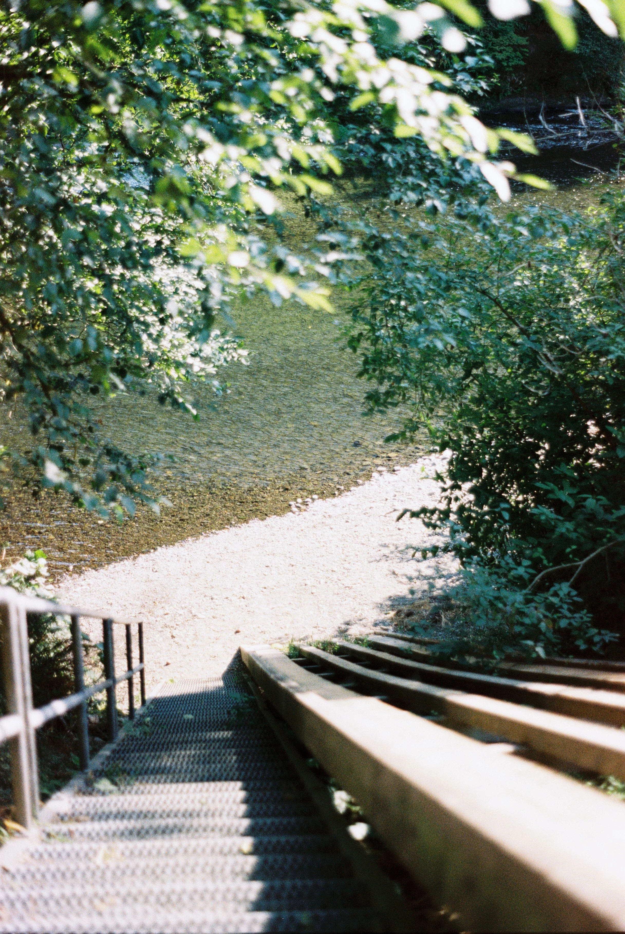 A metal staircase with wooden handrails leading down to a sandy beach beside a pond or lake, surrounded by green trees and foliage.
