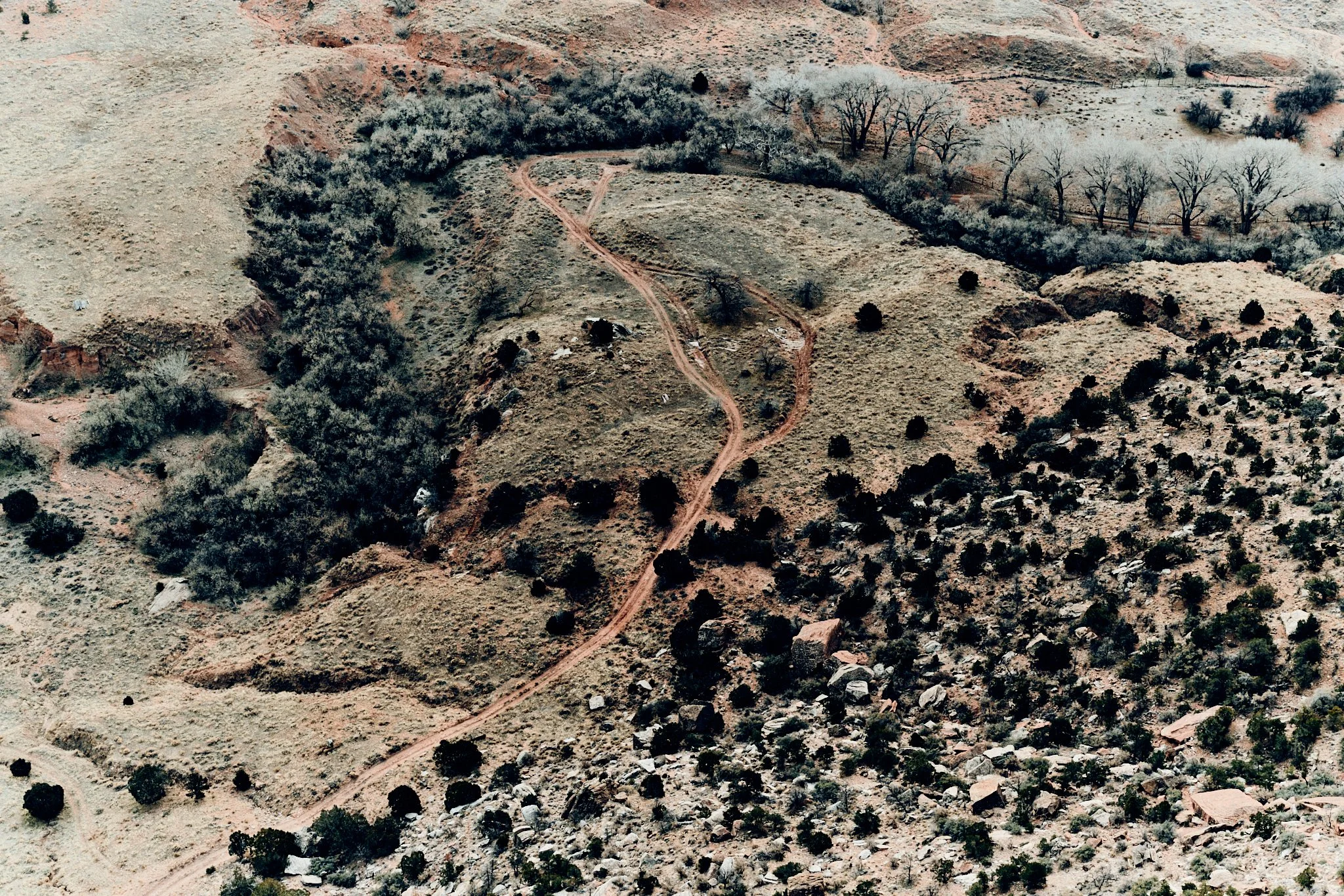 Aerial view of a rugged desert landscape with winding dirt roads, sparse trees, and rocky terrain.