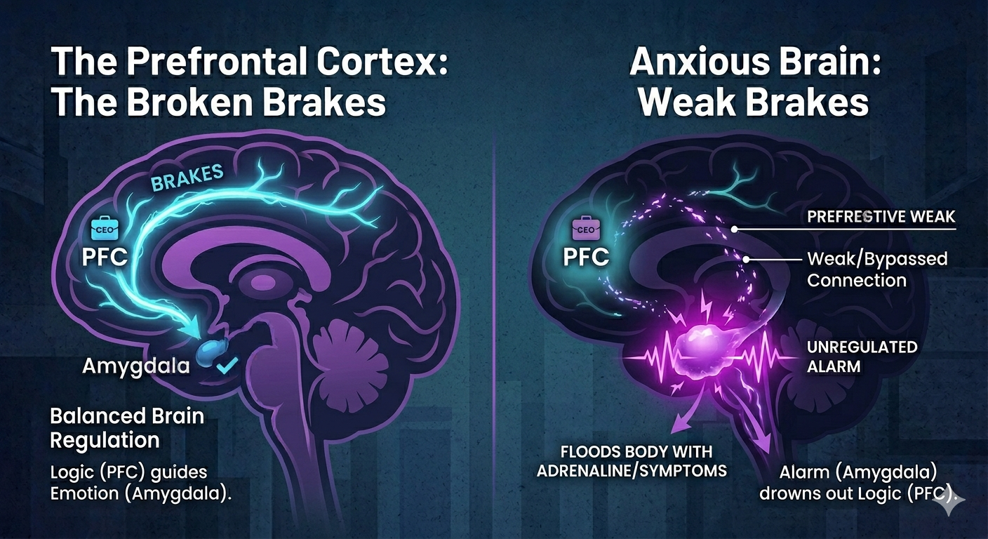 Comparison of brain activity in balanced and anxious states, illustrating the 'broken brakes' connection between the logical prefrontal cortex and the emotional amygdala.