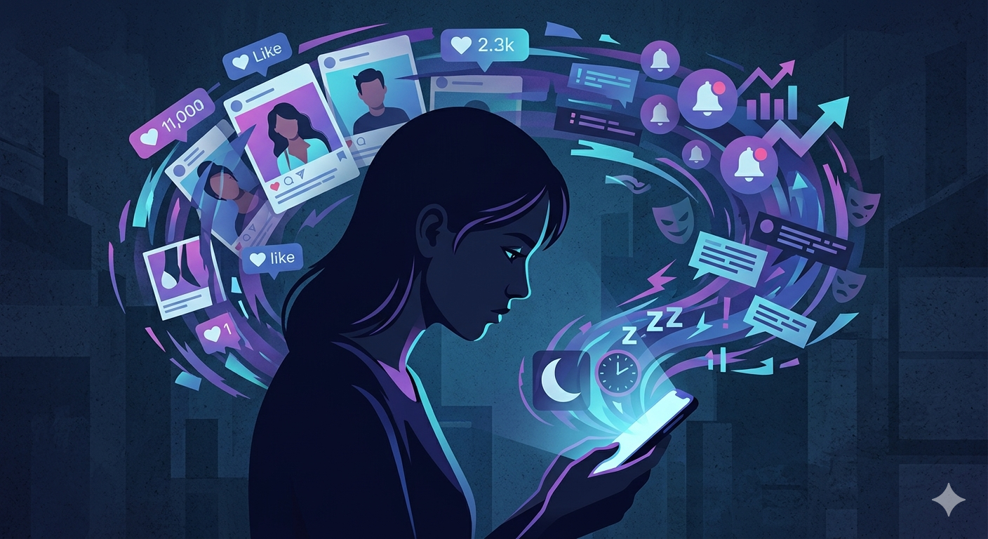 A conceptual illustration of a young woman looking at a glowing smartphone, surrounded by a swirling vortex of social media notifications, curated profile pictures, and symbols of sleep deprivation and digital stress.