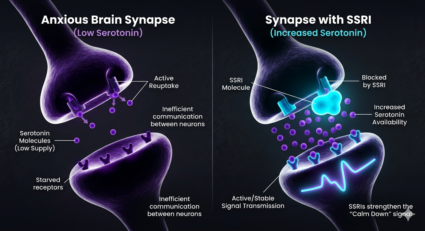 A medical diagram of a neural synapse illustrating how SSRIs work. It shows serotonin neurotransmitters staying in the synaptic gap longer because the reuptake pumps are blocked, allowing for better communication between neurons in an anxious brain.