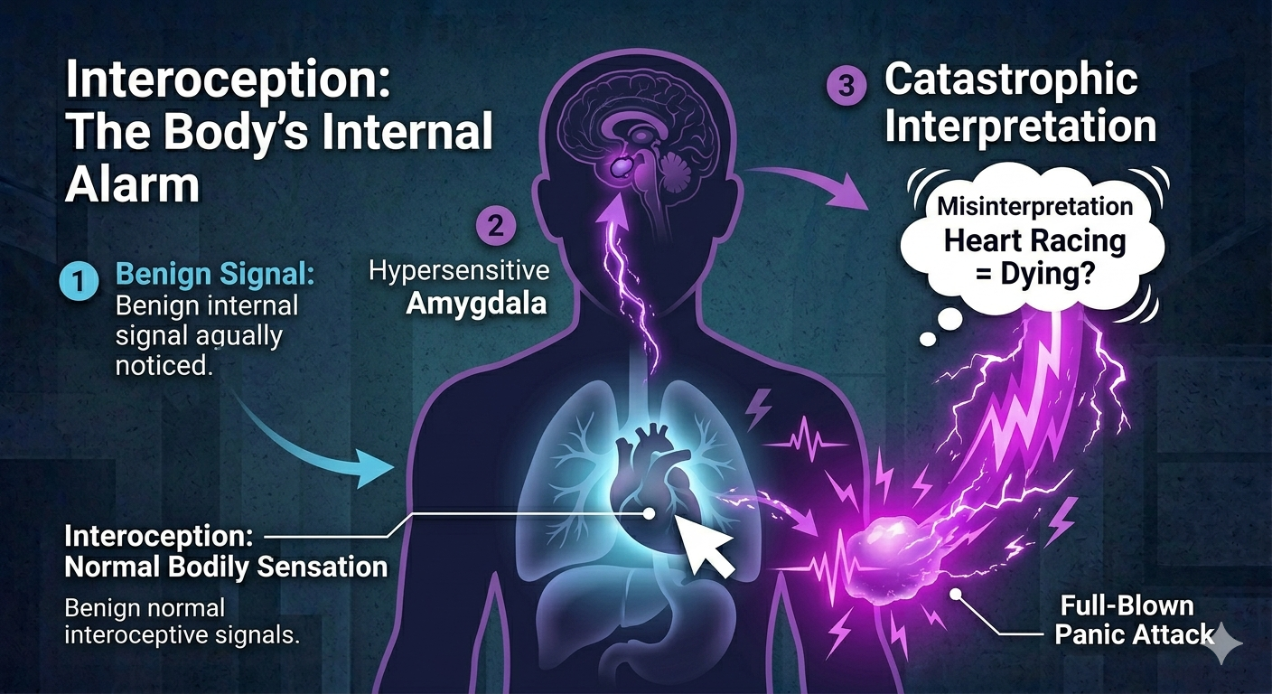 Comparison of brain activity in balanced and anxious states, illustrating the 'broken brakes' connection between the logical prefrontal cortex and the emotional amygdala.