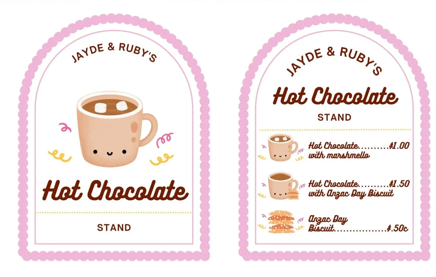 A menu for Jayde & Ruby's Hot Chocolate Stand featuring cartoon illustrations of cute hot chocolate cups with faces, surrounded by colorful swirls, and listing prices for various hot chocolate options with marshmallows, biscotti, and inclusion of mar