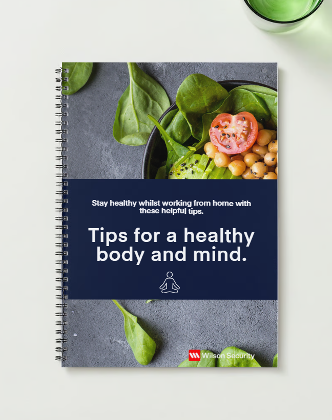 Cover of a book titled "Tips for a healthy body and mind" featuring a salad with spinach, tomato, cucumber, and chickpeas on a gray surface, with a green drink and leafy greens around it.