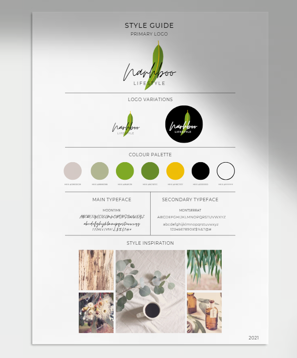 Style guide for Haramboo Lifestyle featuring logo variations, color palette, fonts, and style inspiration images.