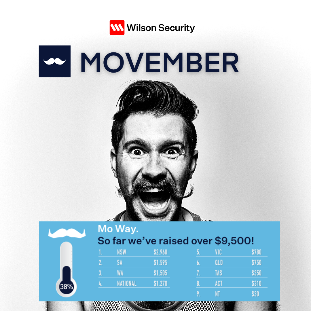A promotional poster for Movember, featuring a man with a prominent mustache and mustache icon, with a blue fundraising progress chart showing over $9,500 raised from different Australian states and territories.