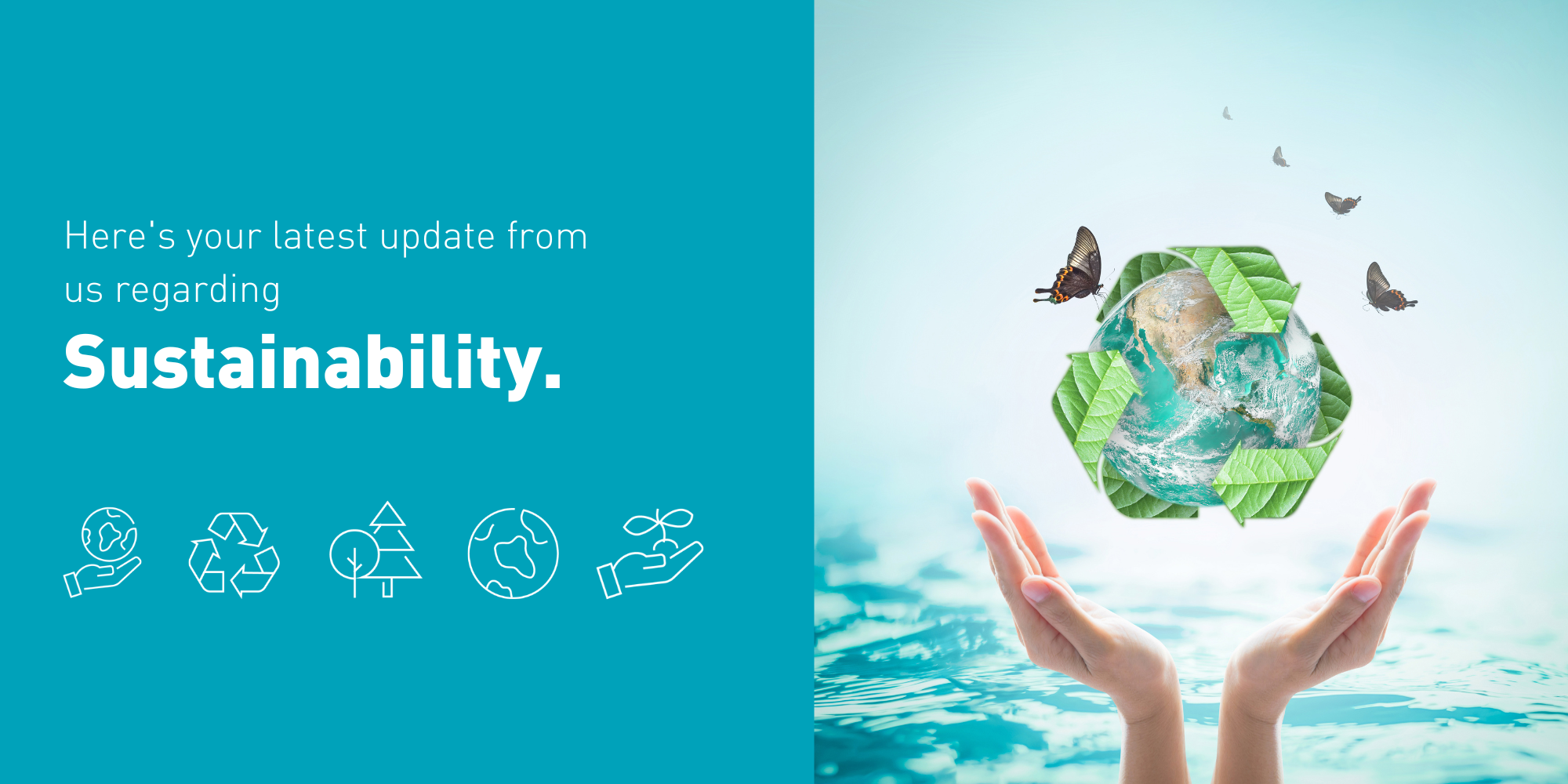 A digital illustration showing hands holding the Earth, surrounded by green leaves and butterflies, representing environmental sustainability and conservation.
