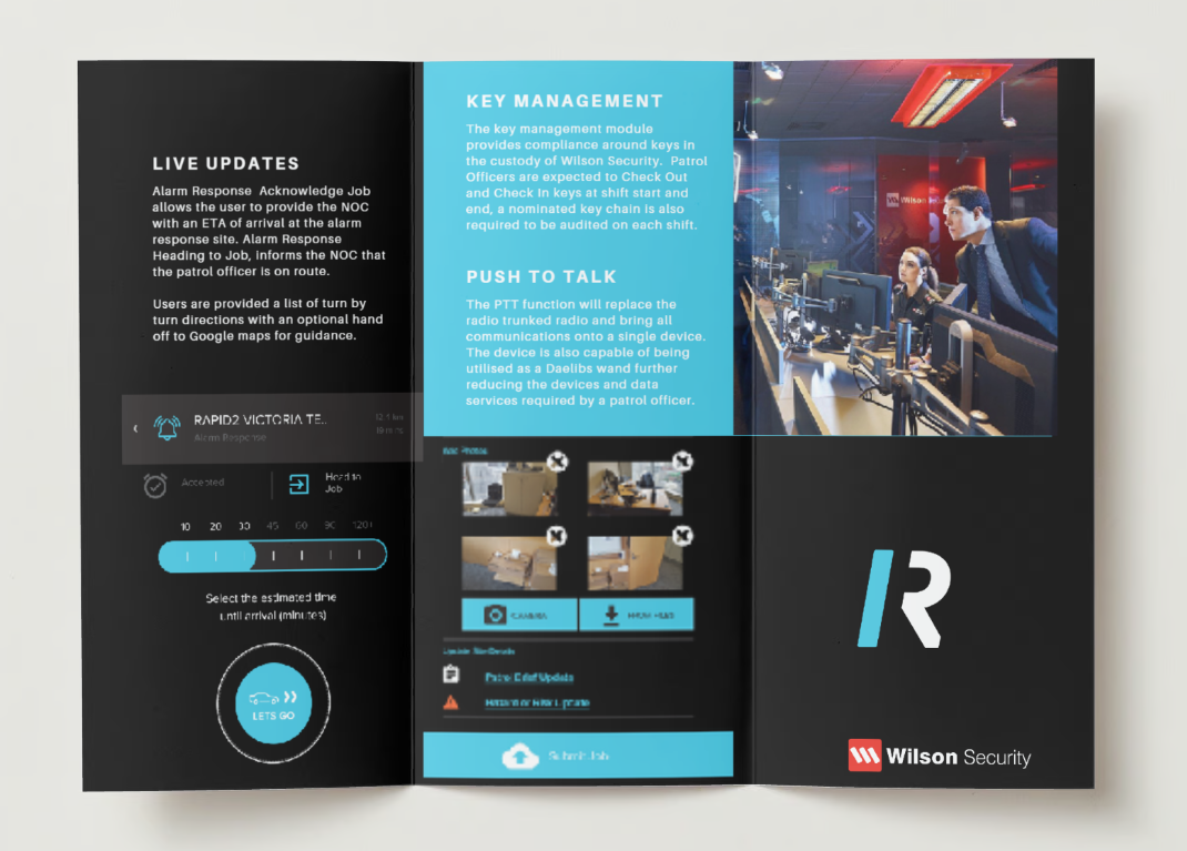 A promotional brochure for Wilson Security with sections on live updates, key management, and push to talk communication, featuring images of security control room operators at work.