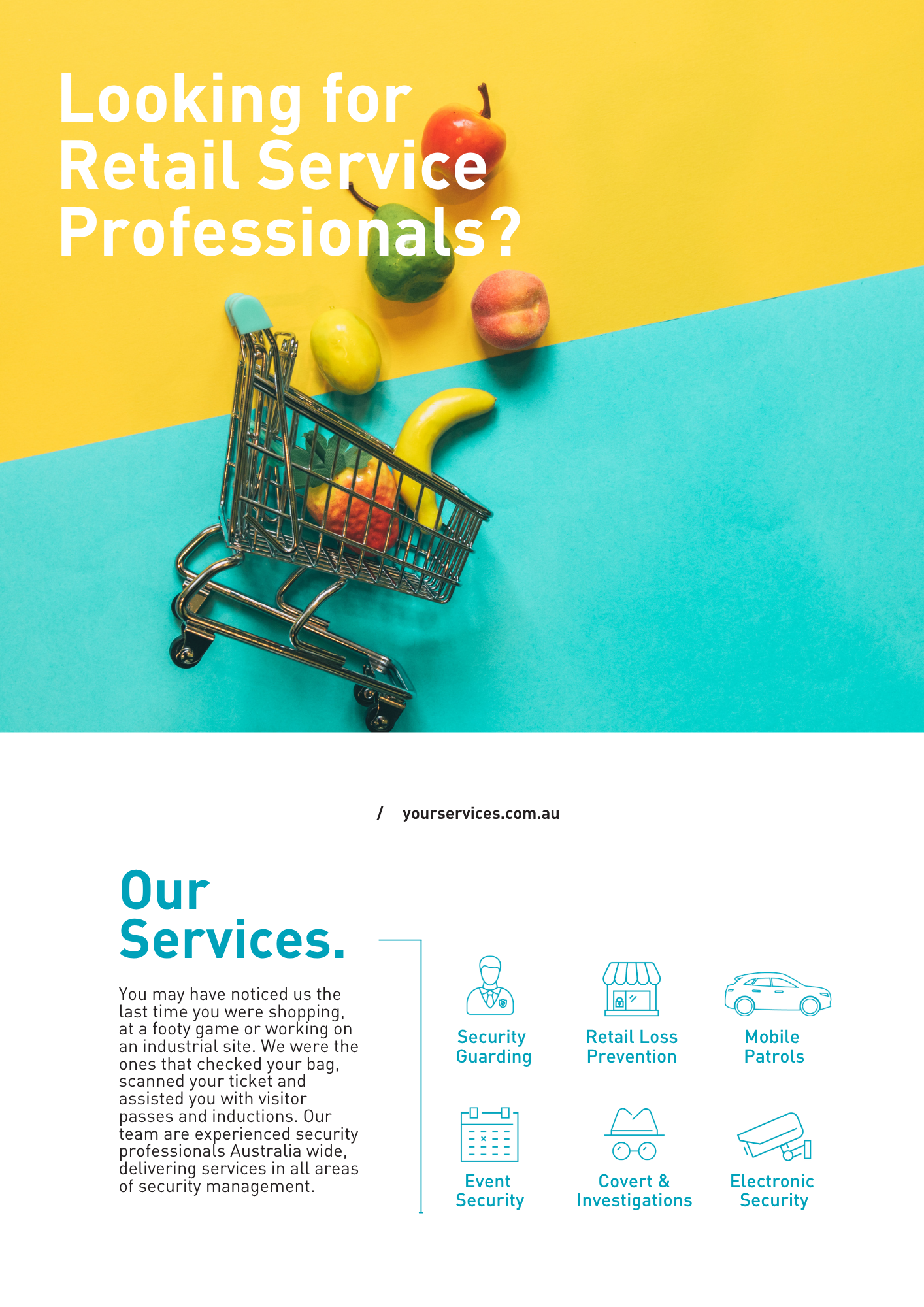 A colorful poster with a yellow and blue background featuring a small shopping cart filled with fruit and additional fruit scattered around