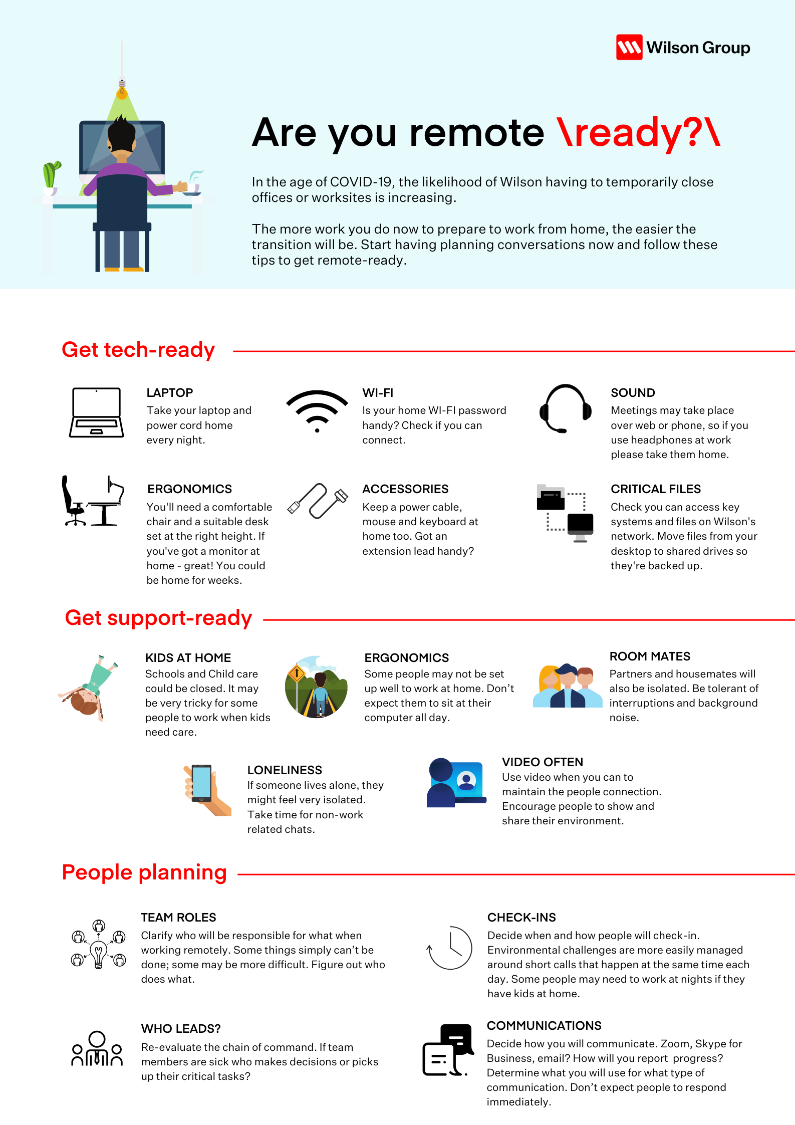 An infographic titled 'Are you remote ready?' with Wilson Group logo. Features tips for working from home, including tech and support readiness, and planning for teamwork and communication.