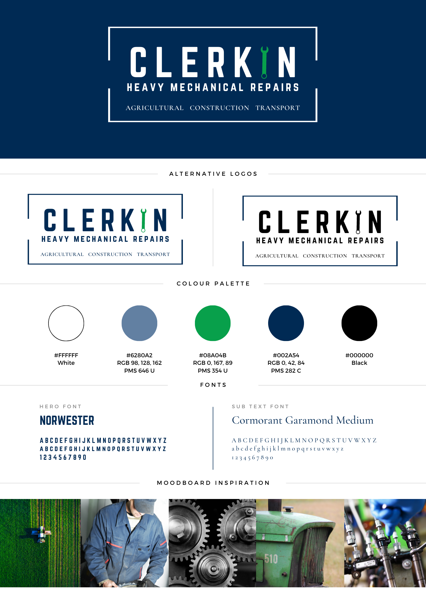 Brand style guide for Clerkin Heavy Mechanical Repairs showing logos, color palette, fonts, and moodboard inspiration with images of machinery and workers.